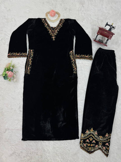 Black Velvet Embroidered Kurti Pant Set – Festive & Party Wear