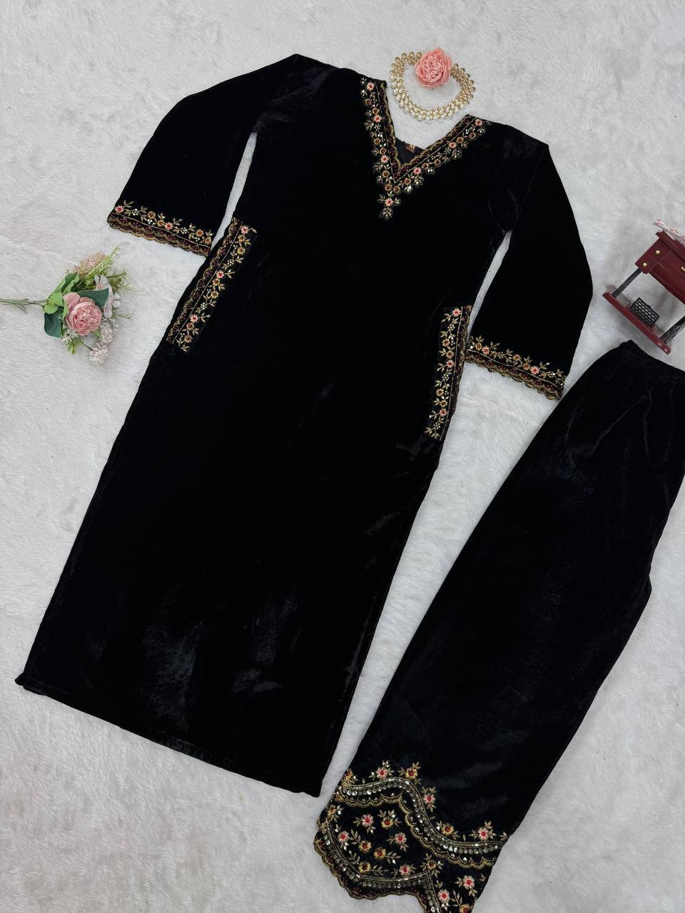 Black Velvet Embroidered Kurti Pant Set – Festive & Party Wear