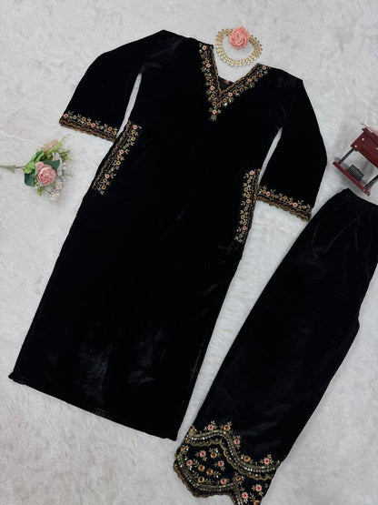 Black Velvet Embroidered Kurti Pant Set – Festive & Party Wear