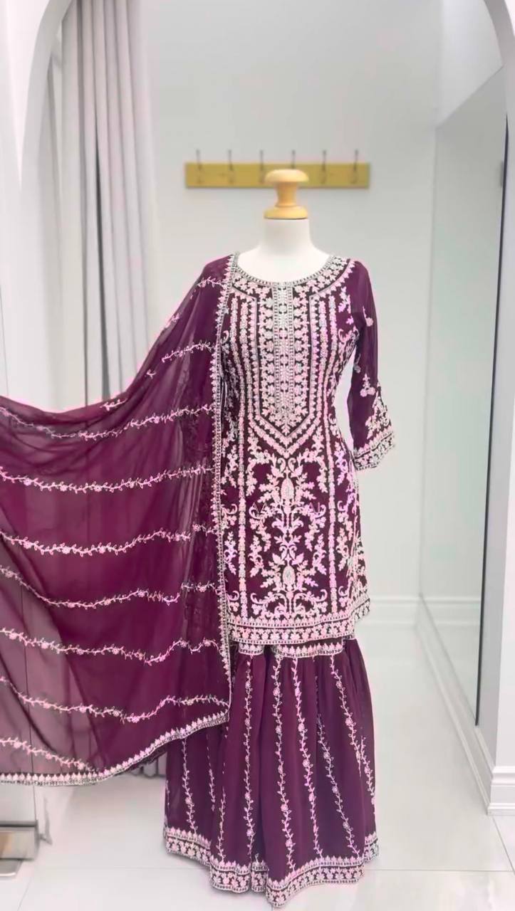 Elegant Embroidered Kurti Sharara Set with Dupatta – Premium Party Wear (Wine & Black Color Options)