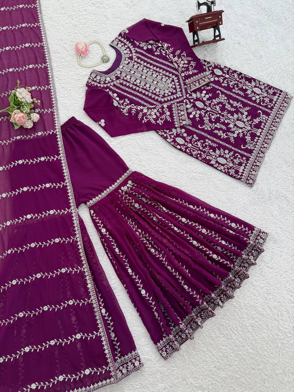 Elegant Embroidered Kurti Sharara Set with Dupatta – Premium Party Wear (Wine & Black Color Options)