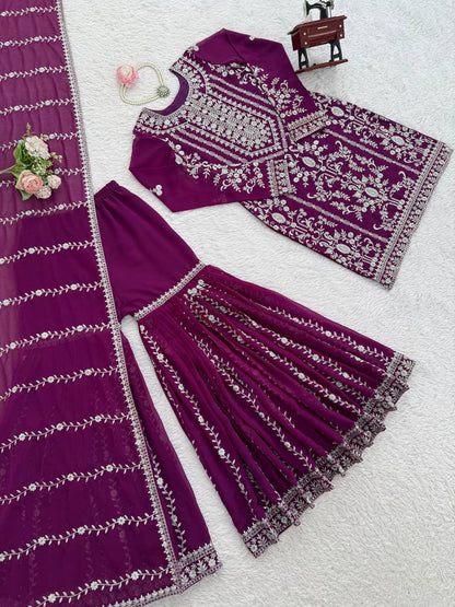 Elegant Embroidered Kurti Sharara Set with Dupatta – Premium Party Wear (Wine & Black Color Options)