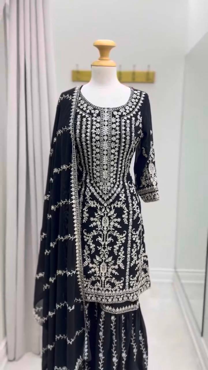 Elegant Embroidered Kurti Sharara Set with Dupatta – Premium Party Wear (Wine & Black Color Options)