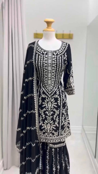 Elegant Embroidered Kurti Sharara Set with Dupatta – Premium Party Wear (Wine & Black Color Options)