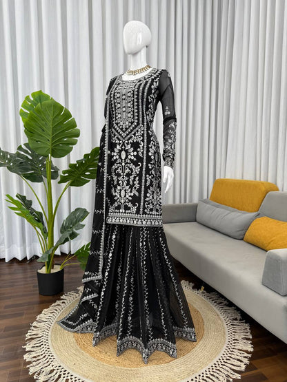 Elegant Embroidered Kurti Sharara Set with Dupatta – Premium Party Wear (Wine & Black Color Options)