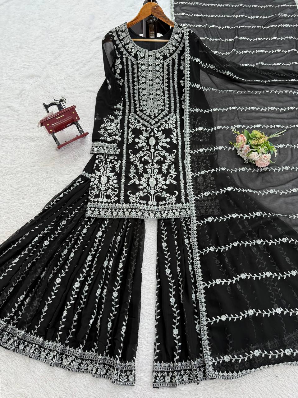 Elegant Embroidered Kurti Sharara Set with Dupatta – Premium Party Wear (Wine & Black Color Options)