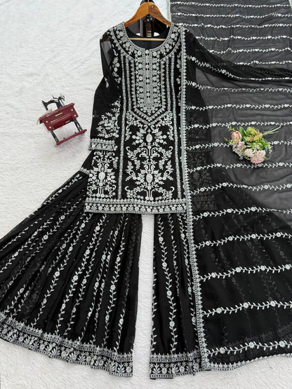Elegant Embroidered Kurti Sharara Set with Dupatta – Premium Party Wear (Wine & Black Color Options)