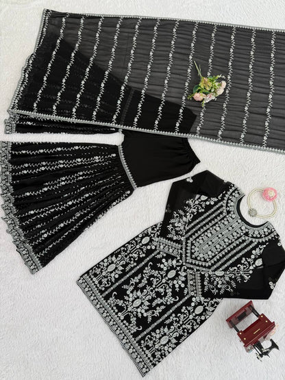 Elegant Embroidered Kurti Sharara Set with Dupatta – Premium Party Wear (Wine & Black Color Options)