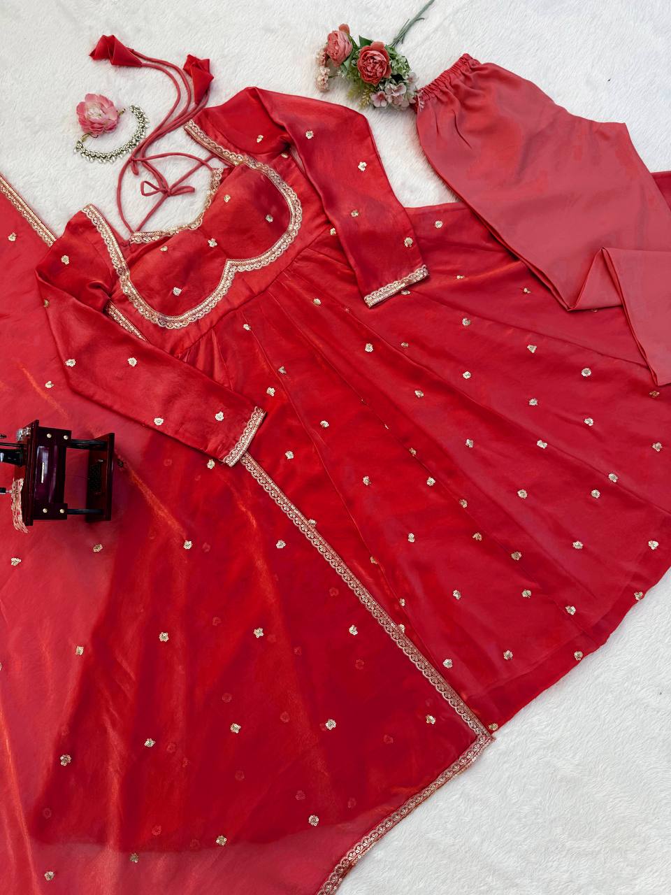 Embroidered Anarkali Kurti Pant Set with Dupatta – Festive & Party Wear | 6 Stunning Colors