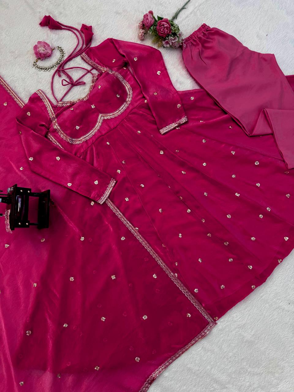 Embroidered Anarkali Kurti Pant Set with Dupatta – Festive & Party Wear | 6 Stunning Colors