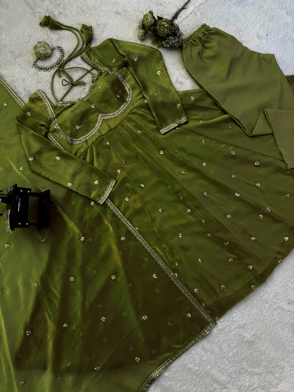 Embroidered Anarkali Kurti Pant Set with Dupatta – Festive & Party Wear | 6 Stunning Colors