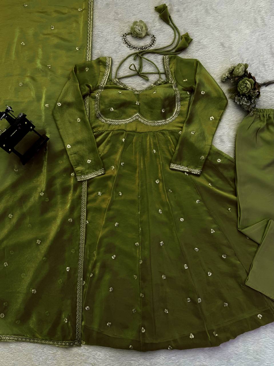 Embroidered Anarkali Kurti Pant Set with Dupatta – Festive & Party Wear | 6 Stunning Colors