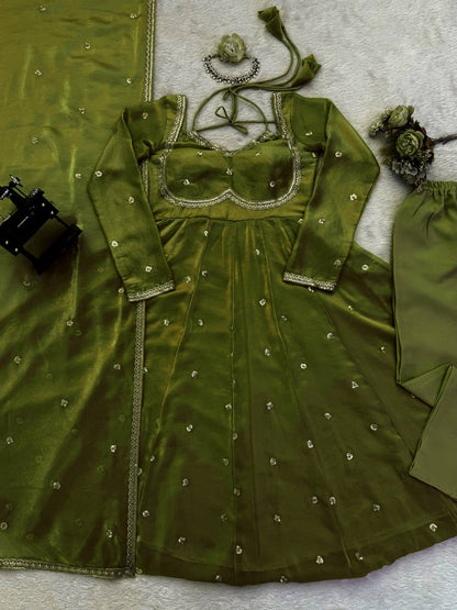 Embroidered Anarkali Kurti Pant Set with Dupatta – Festive & Party Wear | 6 Stunning Colors
