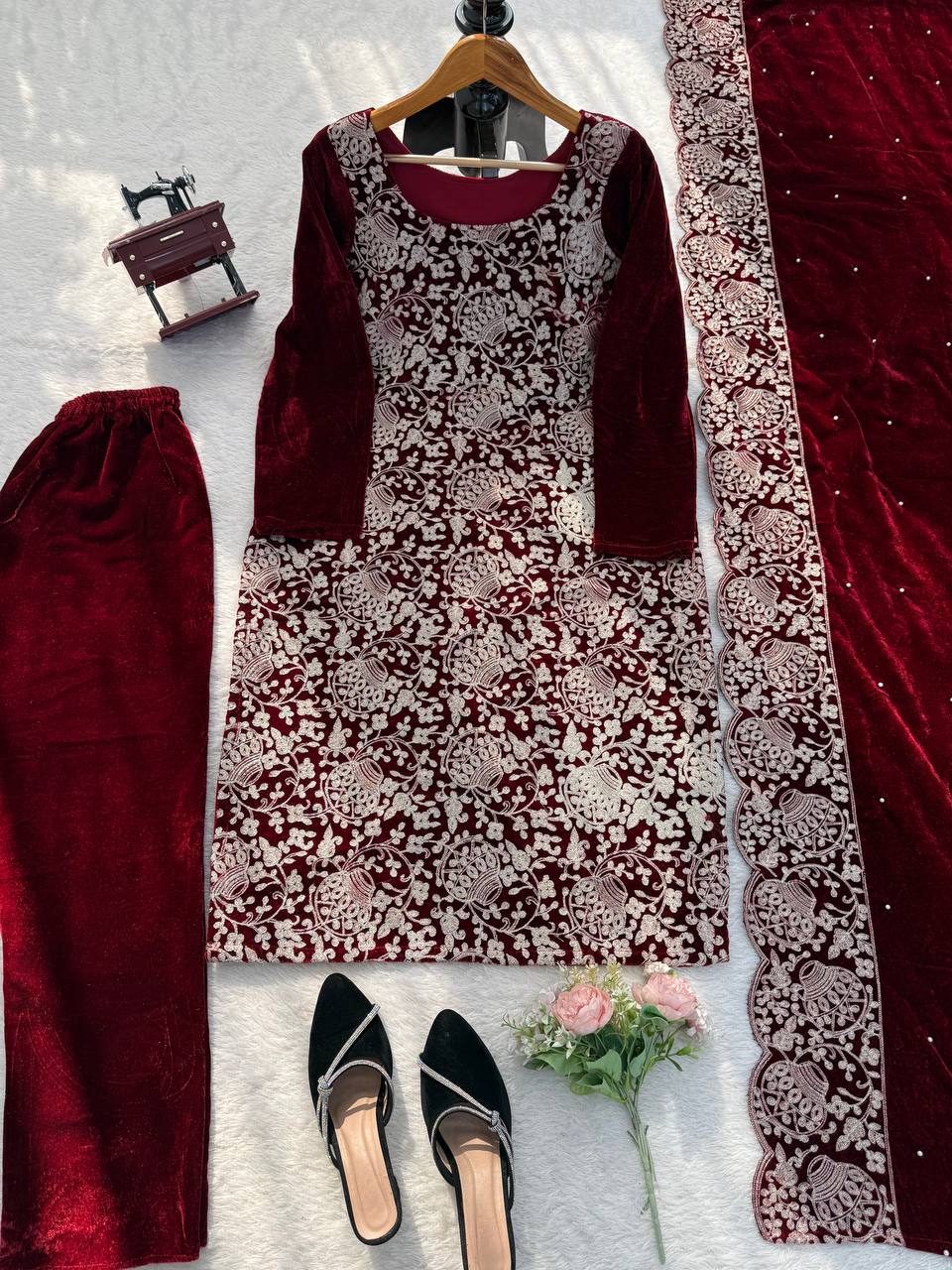 Maroon Velvet Heavy Embroidered Kurta Pant Set with Dupatta – Festive & Party Wear
