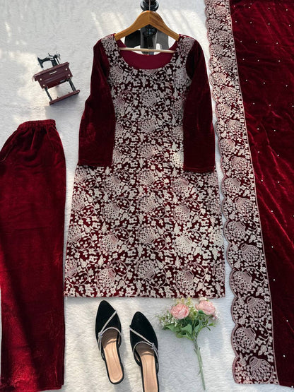 Maroon Velvet Heavy Embroidered Kurta Pant Set with Dupatta – Festive & Party Wear