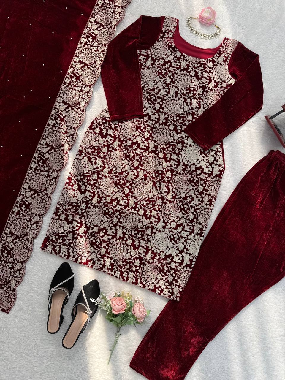 Maroon Velvet Heavy Embroidered Kurta Pant Set with Dupatta – Festive & Party Wear
