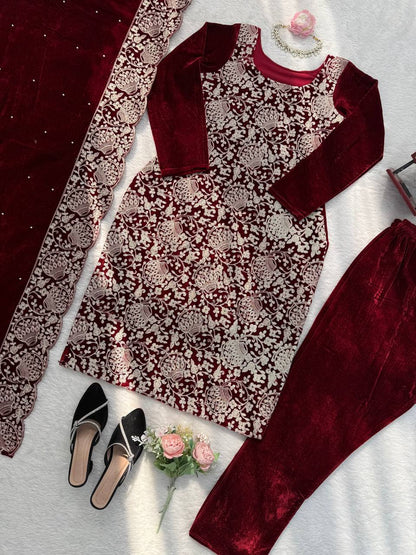 Maroon Velvet Heavy Embroidered Kurta Pant Set with Dupatta – Festive & Party Wear