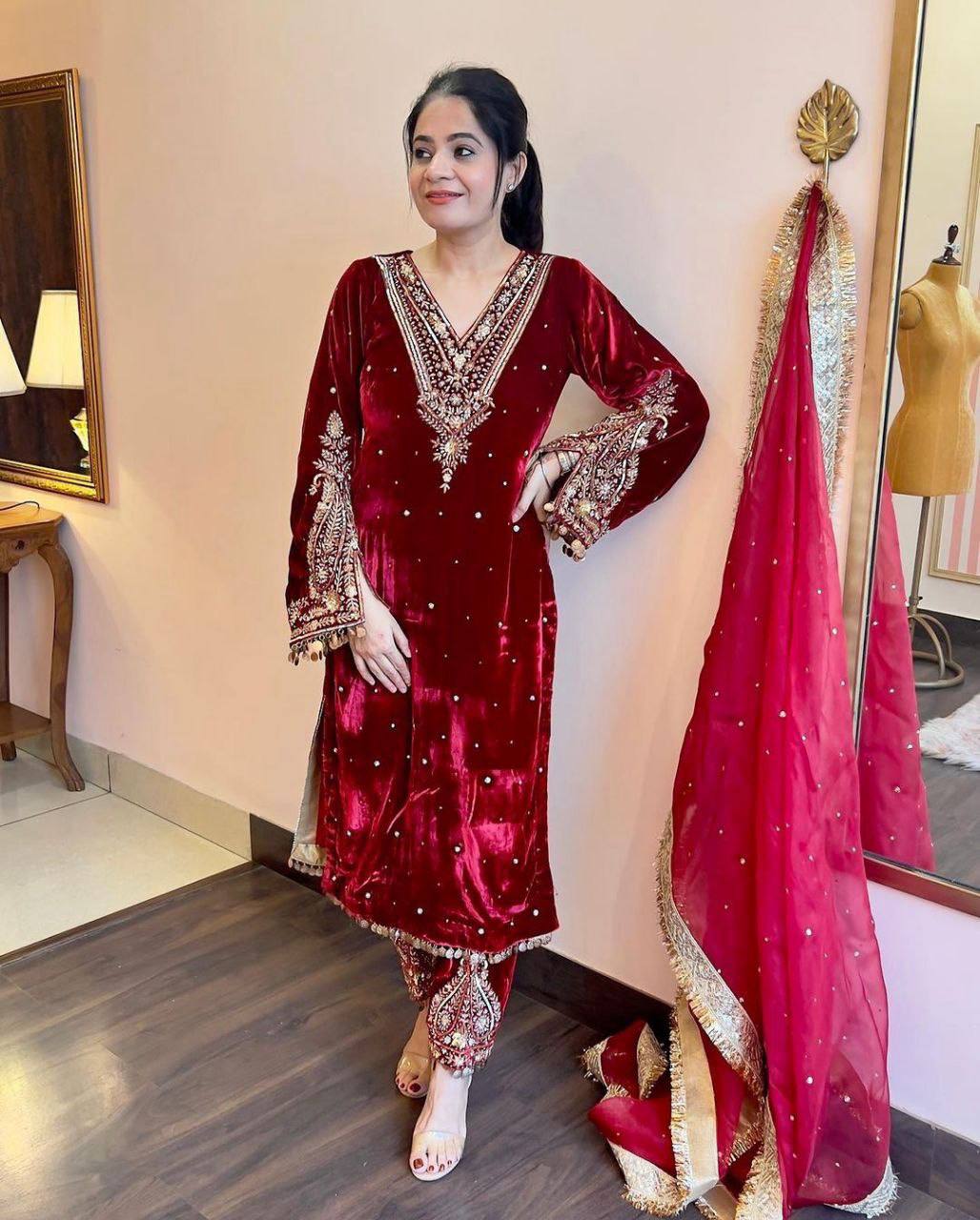 Premium Velvet Embroidered Kurta Pant Set with Dupatta | 3 Color Options