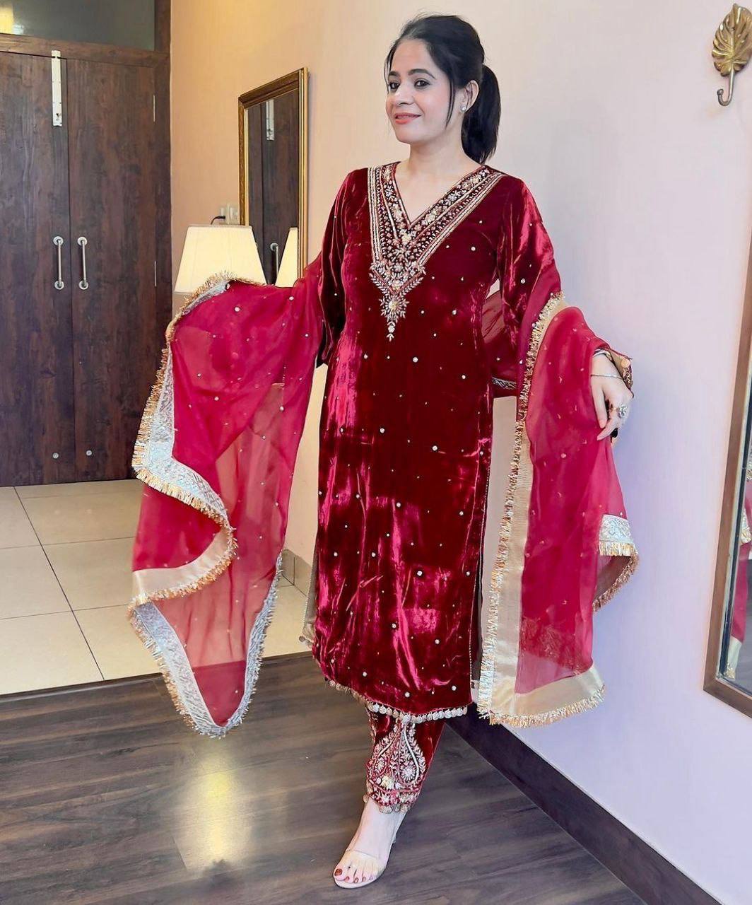 Premium Velvet Embroidered Kurta Pant Set with Dupatta | 3 Color Options