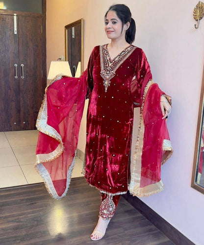 Premium Velvet Embroidered Kurta Pant Set with Dupatta | 3 Color Options