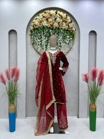 Premium Velvet Embroidered Kurta Pant Set with Dupatta | 3 Color Options
