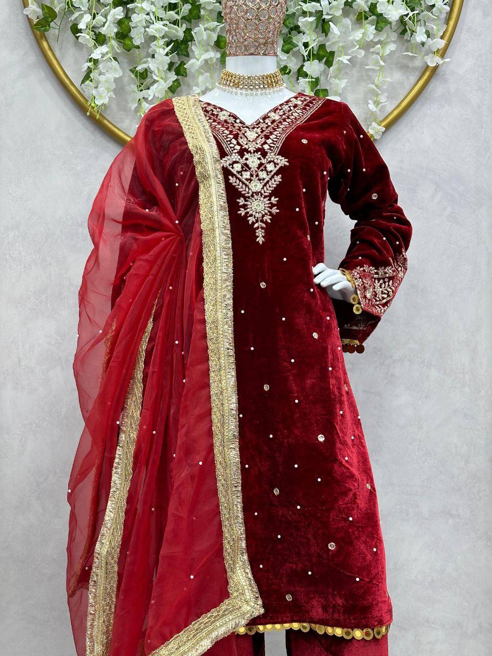 Premium Velvet Embroidered Kurta Pant Set with Dupatta | 3 Color Options