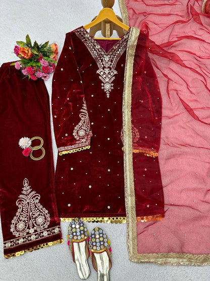 Premium Velvet Embroidered Kurta Pant Set with Dupatta | 3 Color Options