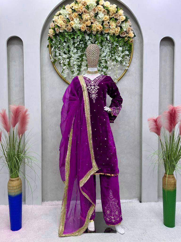 Premium Velvet Embroidered Kurta Pant Set with Dupatta | 3 Color Options