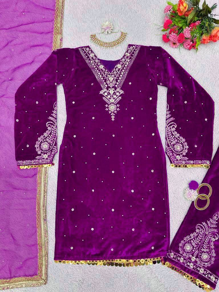 Premium Velvet Embroidered Kurta Pant Set with Dupatta | 3 Color Options