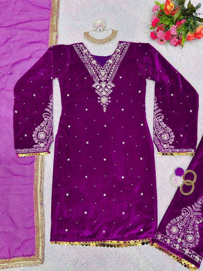 Premium Velvet Embroidered Kurta Pant Set with Dupatta | 3 Color Options