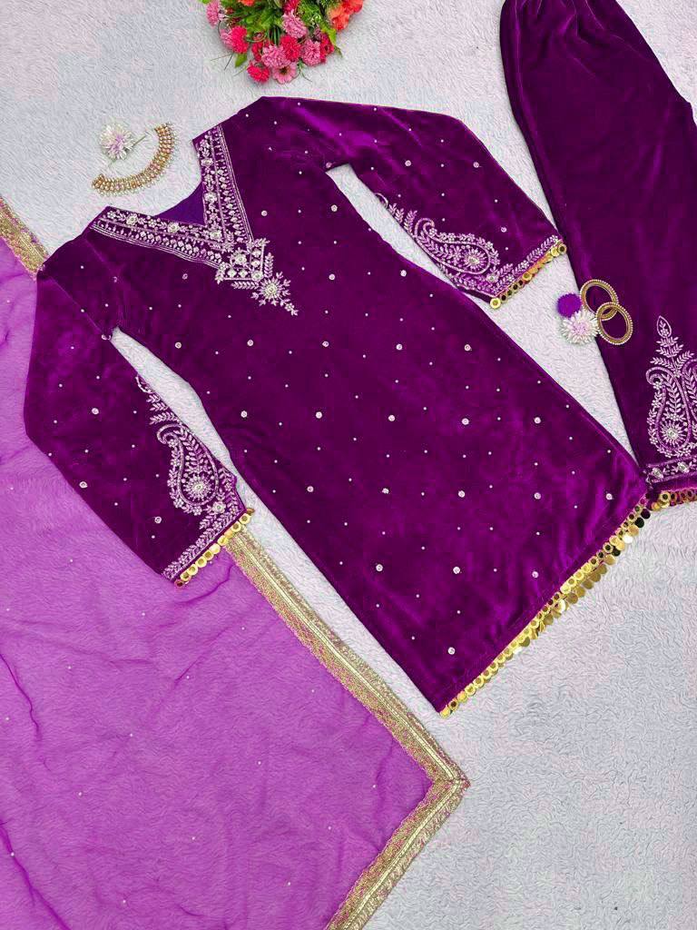 Premium Velvet Embroidered Kurta Pant Set with Dupatta | 3 Color Options