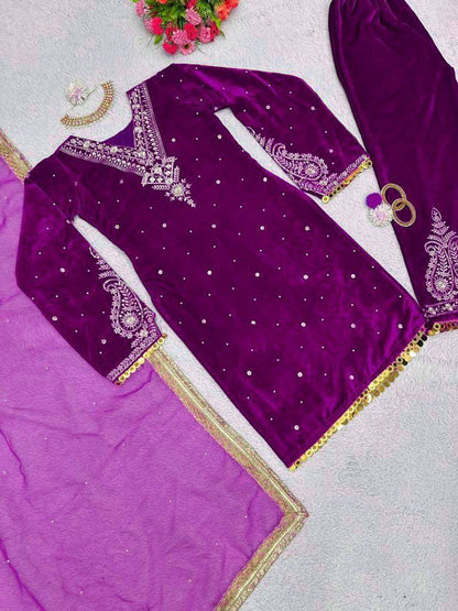 Premium Velvet Embroidered Kurta Pant Set with Dupatta | 3 Color Options
