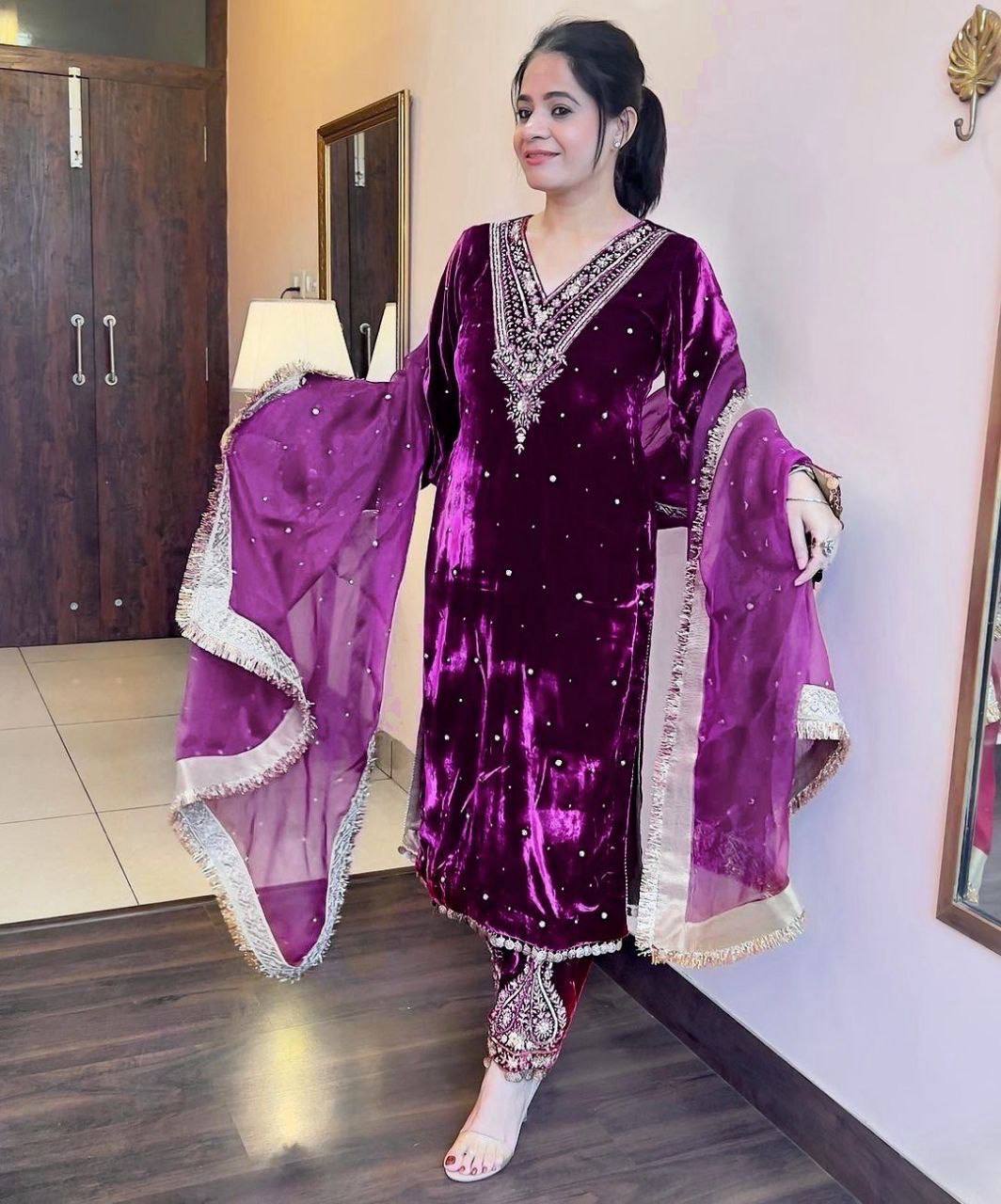 Premium Velvet Embroidered Kurta Pant Set with Dupatta | 3 Color Options