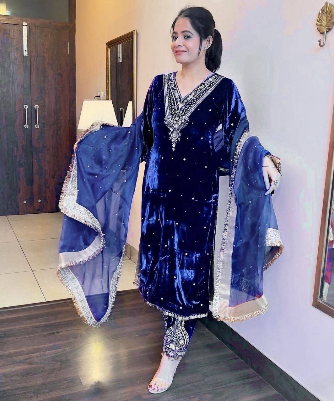 Premium Velvet Embroidered Kurta Pant Set with Dupatta | 3 Color Options