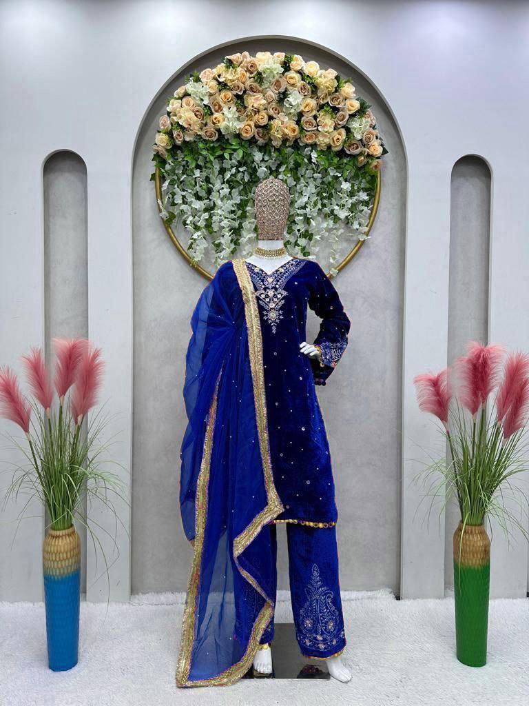 Premium Velvet Embroidered Kurta Pant Set with Dupatta | 3 Color Options