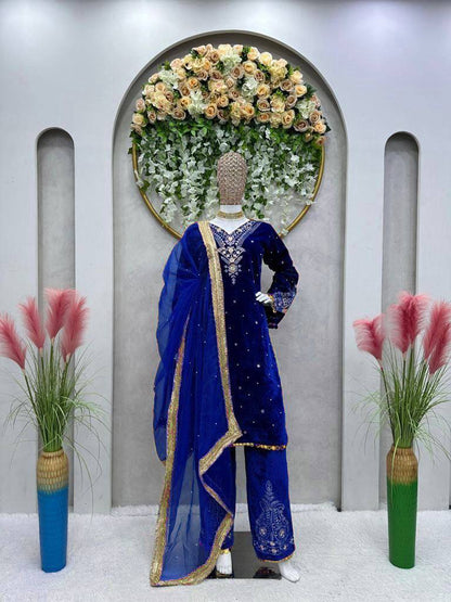 Premium Velvet Embroidered Kurta Pant Set with Dupatta | 3 Color Options