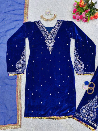 Premium Velvet Embroidered Kurta Pant Set with Dupatta | 3 Color Options