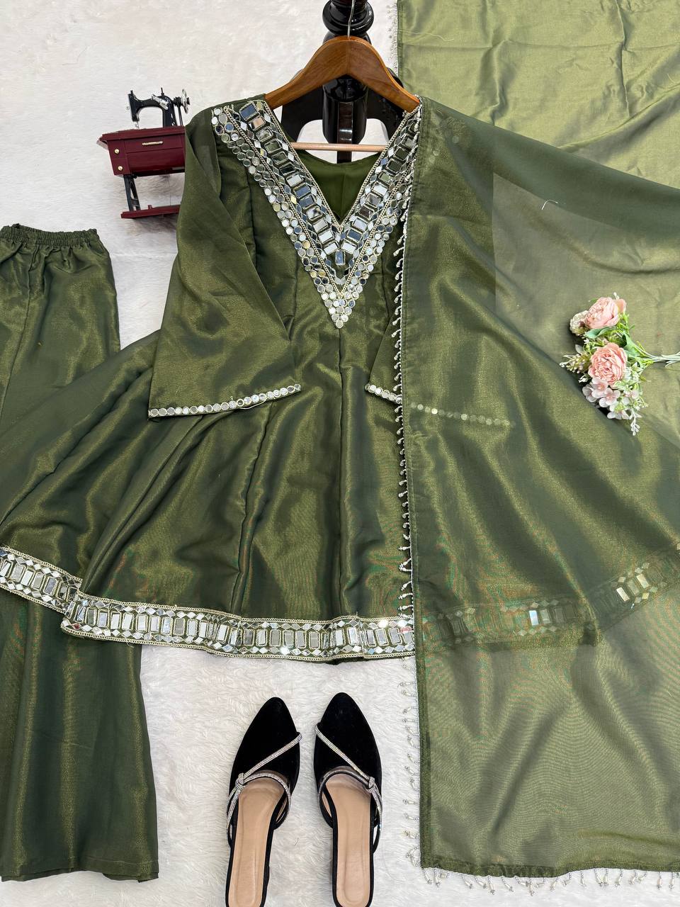 Elegant Mirror Work Anarkali Kurta Set with Dupatta – 3 Color Options