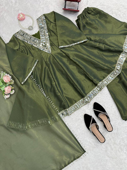 Elegant Mirror Work Anarkali Kurta Set with Dupatta – 3 Color Options
