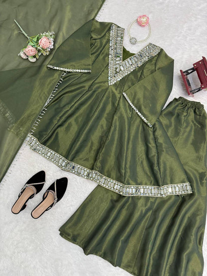 Elegant Mirror Work Anarkali Kurta Set with Dupatta – 3 Color Options
