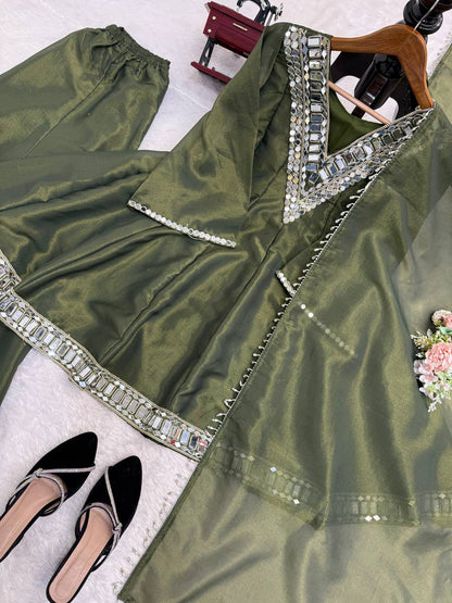 Elegant Mirror Work Anarkali Kurta Set with Dupatta – 3 Color Options