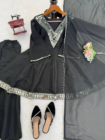 Elegant Mirror Work Anarkali Kurta Set with Dupatta – 3 Color Options