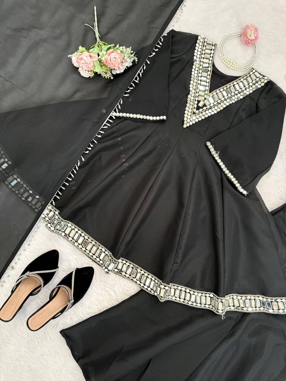 Elegant Mirror Work Anarkali Kurta Set with Dupatta – 3 Color Options