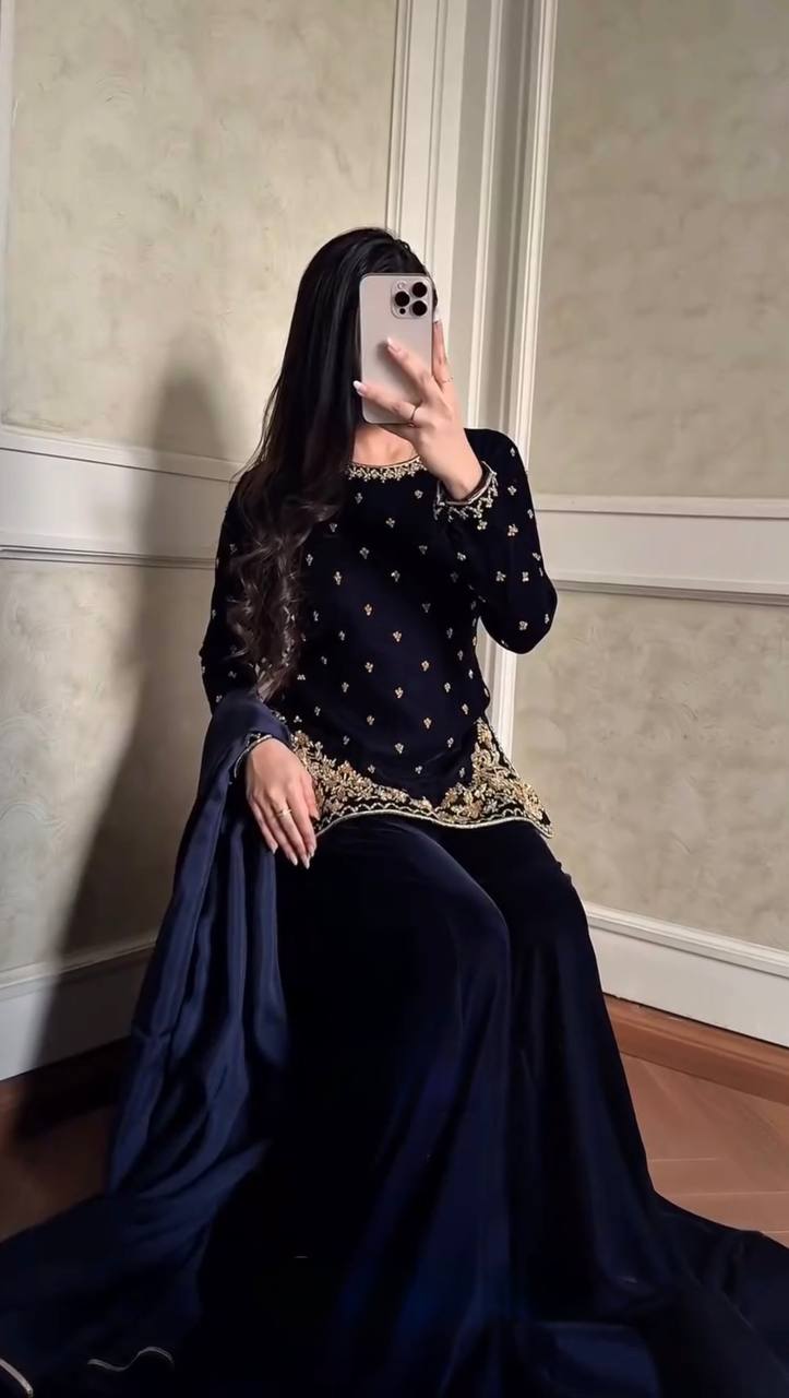 Navy Blue Velvet Kurta Set with Floral Embroidery & Dupatta