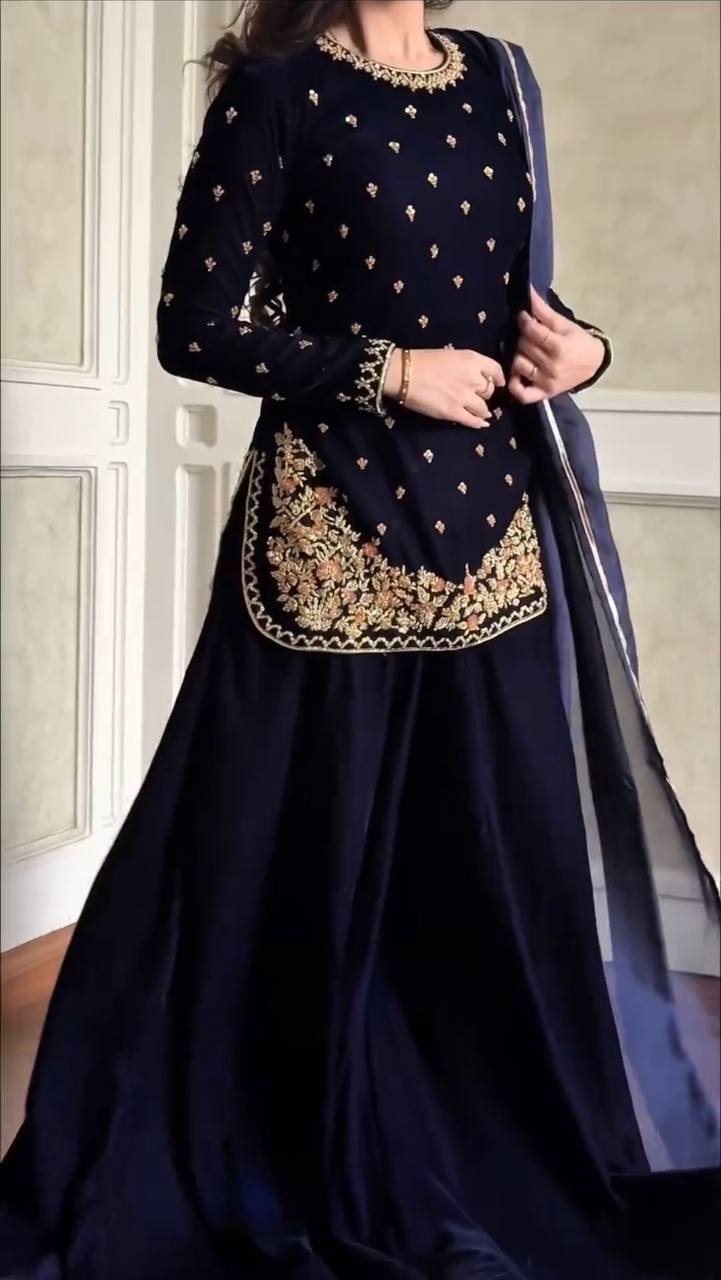 Navy Blue Velvet Kurta Set with Floral Embroidery & Dupatta