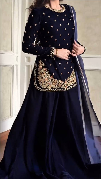 Navy Blue Velvet Kurta Set with Floral Embroidery & Dupatta
