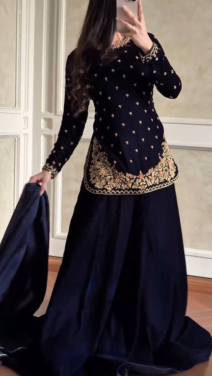 Navy Blue Velvet Kurta Set with Floral Embroidery & Dupatta