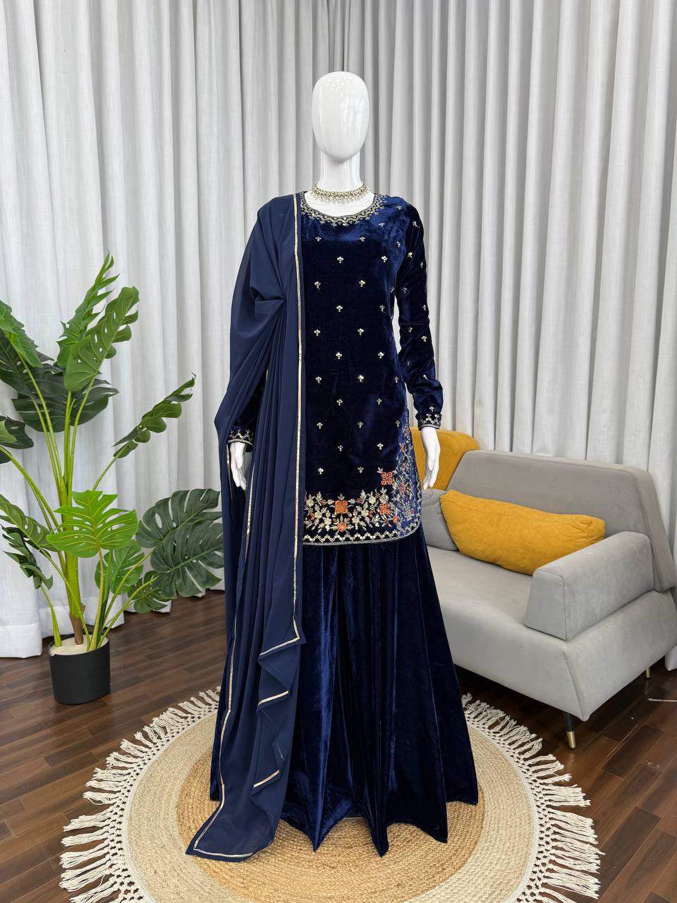 Navy Blue Velvet Kurta Set with Floral Embroidery & Dupatta