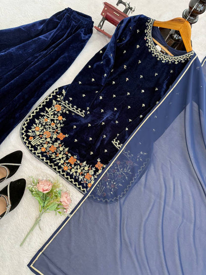 Navy Blue Velvet Kurta Set with Floral Embroidery & Dupatta