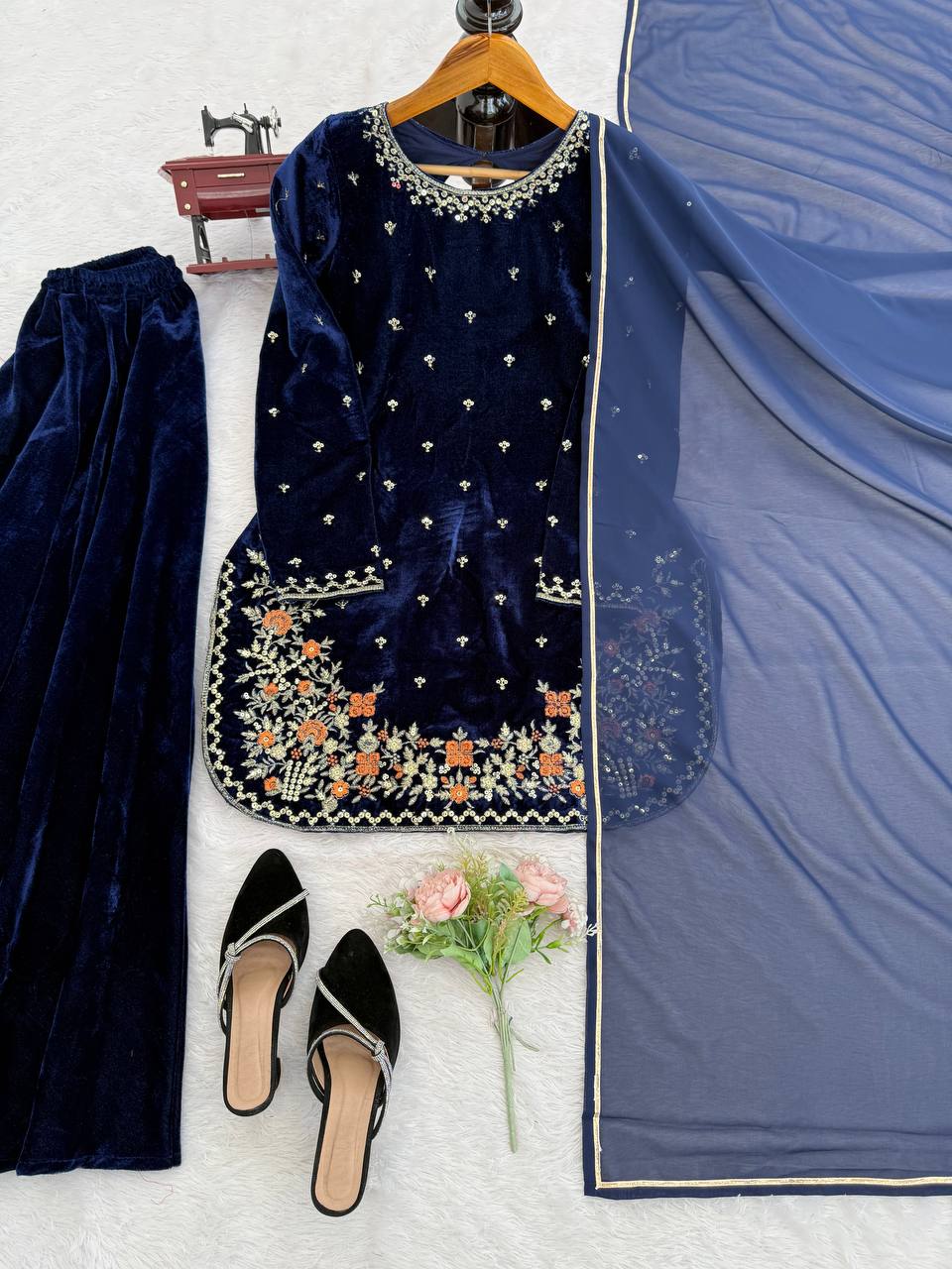 Navy Blue Velvet Kurta Set with Floral Embroidery & Dupatta
